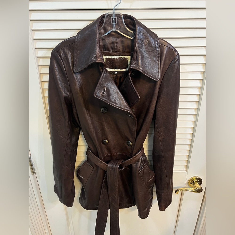 Chocolate leather jacket, tie waist, size M